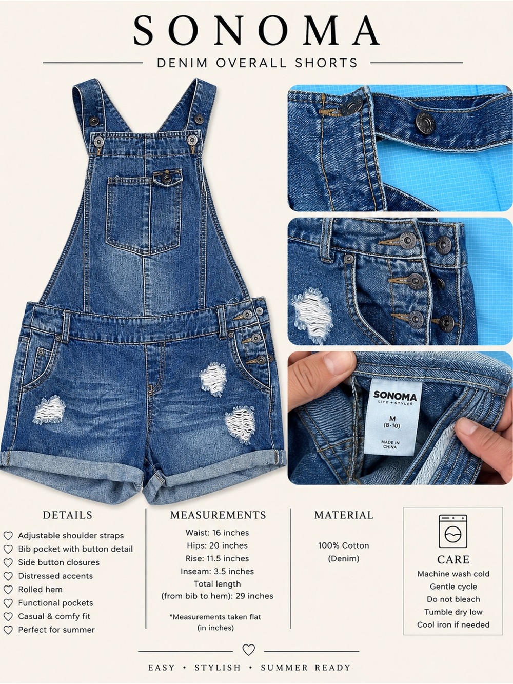 SONOMA Blue Denim Distressed Girls' Overall Shorts